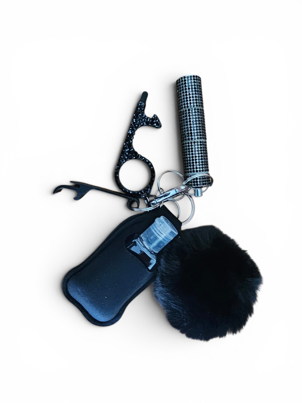 New. Black Pom Pom Keychain Hand Sanitizer Holder, Pill Holder with Multi-Tool